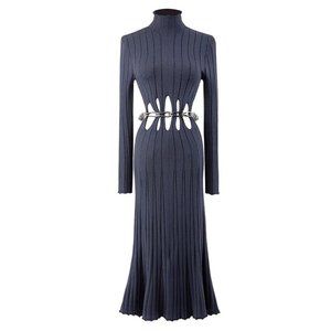 studio patchwerk backless cutout midi dress with waist chain in gray-blue knit